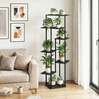 JEPRECO Tall Plant Stand Indoor 7-Tier Metal Wood Plant Shelf for Multiple Flower Pots Corner Flower Holders for Living Room Balcony Bedroom, Black