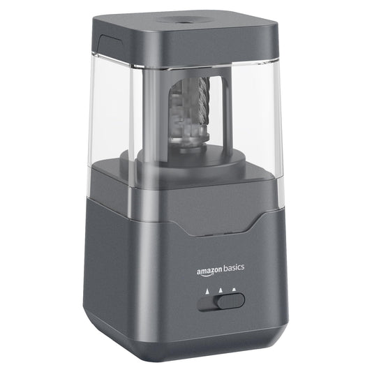 Amazon Basics Portable Electric Pencil Sharpener, Easy to Use, Versatile, Helical Blade, Auto Stop, Battery/USB Cord Operated, Black, 2.87 x 2.87 x 5.3 in