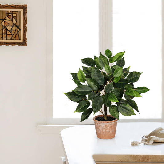 Fake Plant 13" Small Artificial Ficus Plant Faux Ficus Plants Banyan Tree with Rustic Terracotta Pot Silk Plants for Home Decor Indoor Office Living Room Bedroom Shelf Table Centerpieces