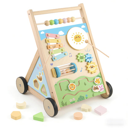 Ranqibo Wooden Baby Walker, Baby Walker with Wheels, Includes Montessori Sensory Toys and Activity Center, 6-18 Months for Boys and Girls