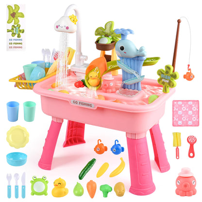 HUASHILUO Upgraded Water Table for Toddlers 1-3 with Electric Water Pump, Kids Water Table with Faucet, Play Food Accessories Fishing Toy, Kitchen Play Sink Toys for Girl Boy