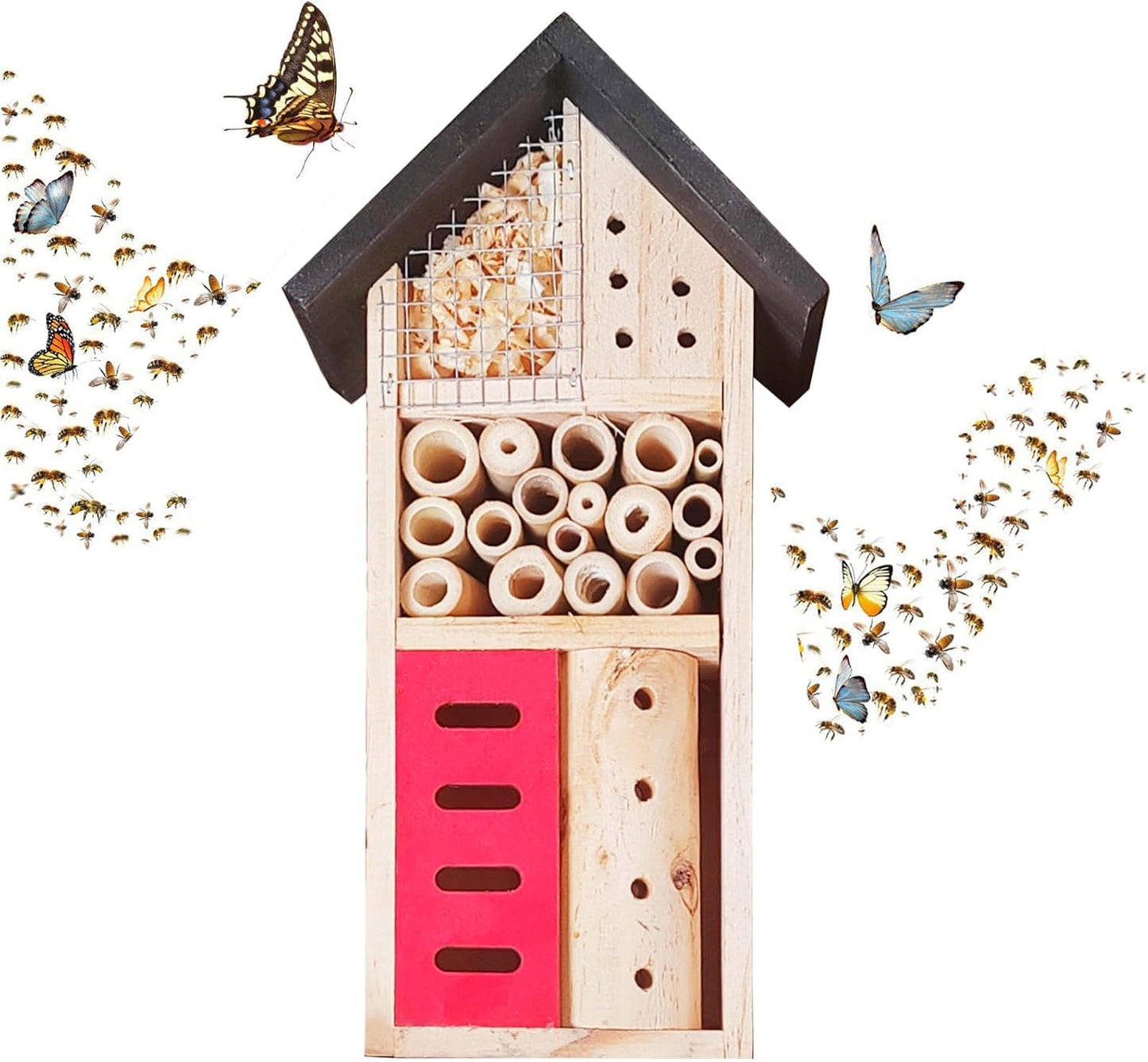 Insect Hotel Hanging Bee House Wooden Insect House, Natural Habitat for Beneficial Bees, Bugs, Butterflys, Ladybirds Garden Yard Home