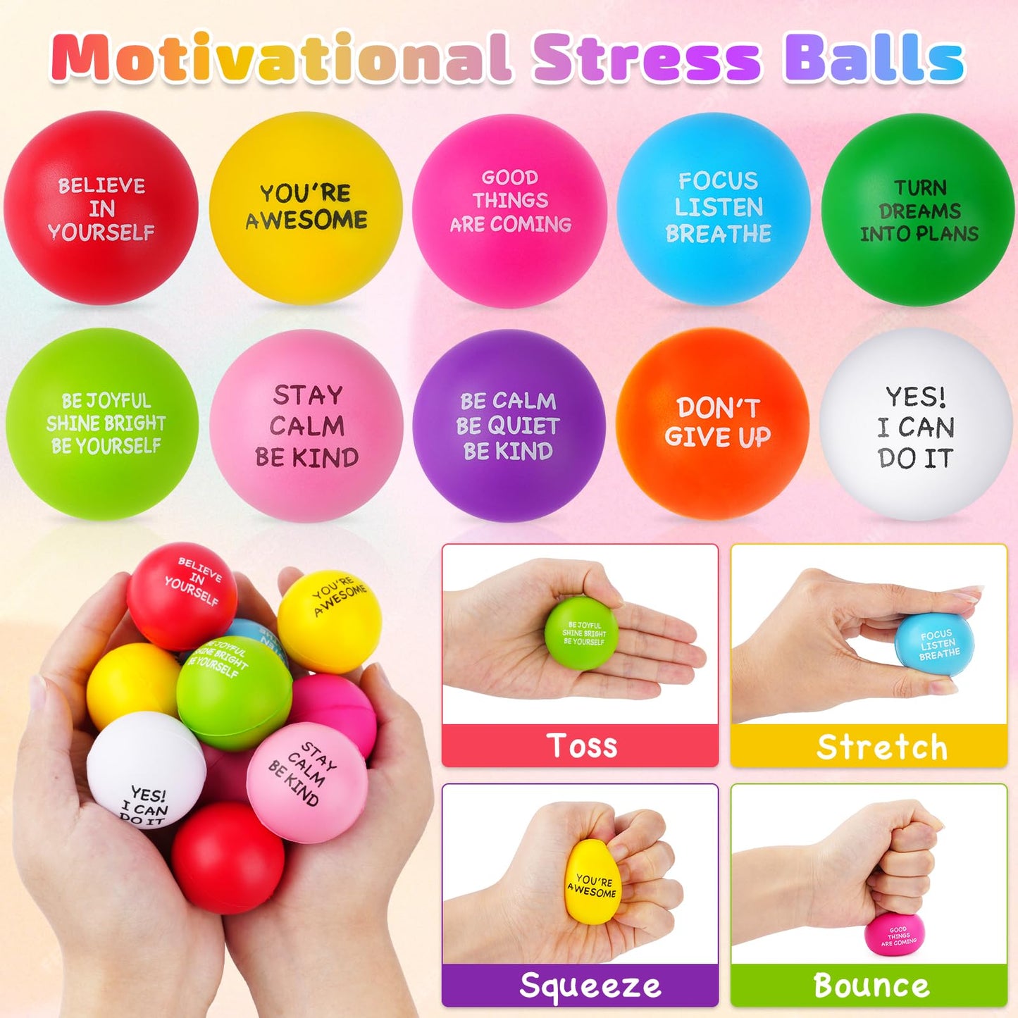 SHQDD Stress Balls for Adults, 100PCS Foam Stress Relief Toys for Kids & Adults, Bulk Squeeze Balls for Office Relief Employee Appreciation, Classroom Prizes, Student Gifts, Perfect Party Favors