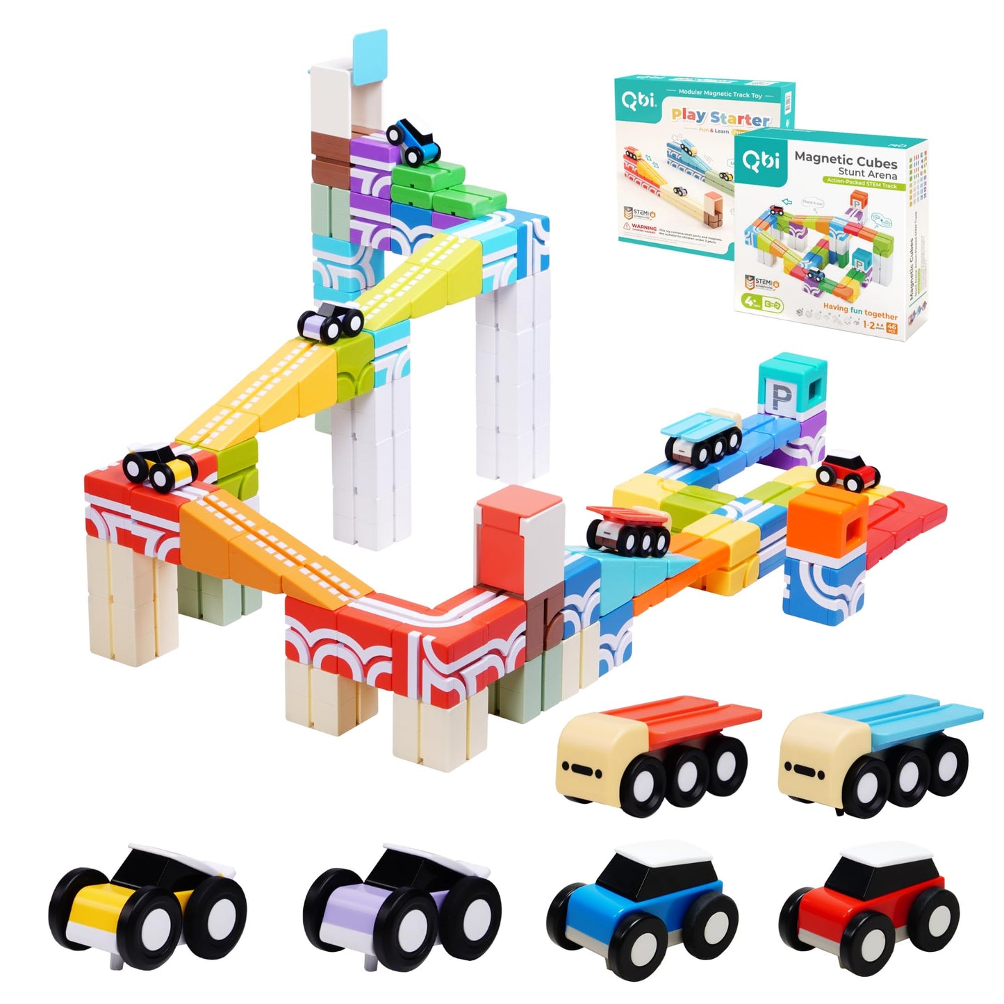 QBI STEM All-in-1 Toy Set with 6 Cars & 3D Tracks | Open Ended Educational Sensory Magnet Cubes | Montessori Toys, Magnetic Building Blocks for Boys & Girls (82 Pieces)