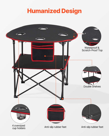 VEVOR Folding Camping Table, Portable Outdoor Lightweight Picnic Table, 600D Oxford Fabric Waterproof Canvas Travel Beach Tables, with 4 Cup Holders, Carry Bag, for Tailgating Camping Picnic, Black