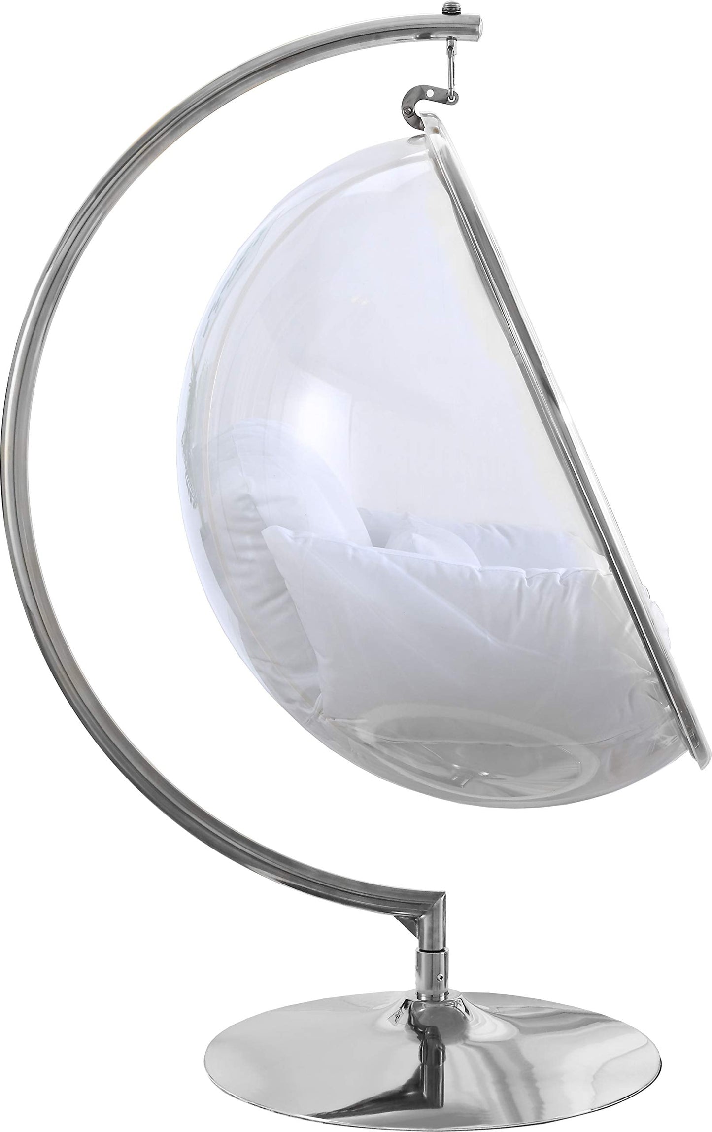 Meridian Furniture 507White Luna Collection Modern | Contemporary Clear Acrylic Accent Swing Chair with Durable Metal Base and Fabric Seat, White, Chrome Finish, 41.5" W x 29.5" D x 64" H