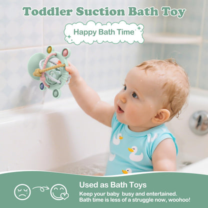 TYRY.HU Silicone Baby Teething Toys for Babies 0-6 6-12 Months, Multi Purpose High Chair Toys, Baby Suction Table Toys, Teething Relief Chew Toy, Sensory Rattle Toy with Textures for Infants, Green