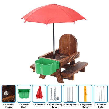 Vigormar Squirrel Feeders for Outside, Squirrel Picnic Table with Water Bowl, Corn Cob Holder and Umbrella, Squirrel Feeder with Ground Stake for Garden, Yard and Outdoor(Dark Brown)