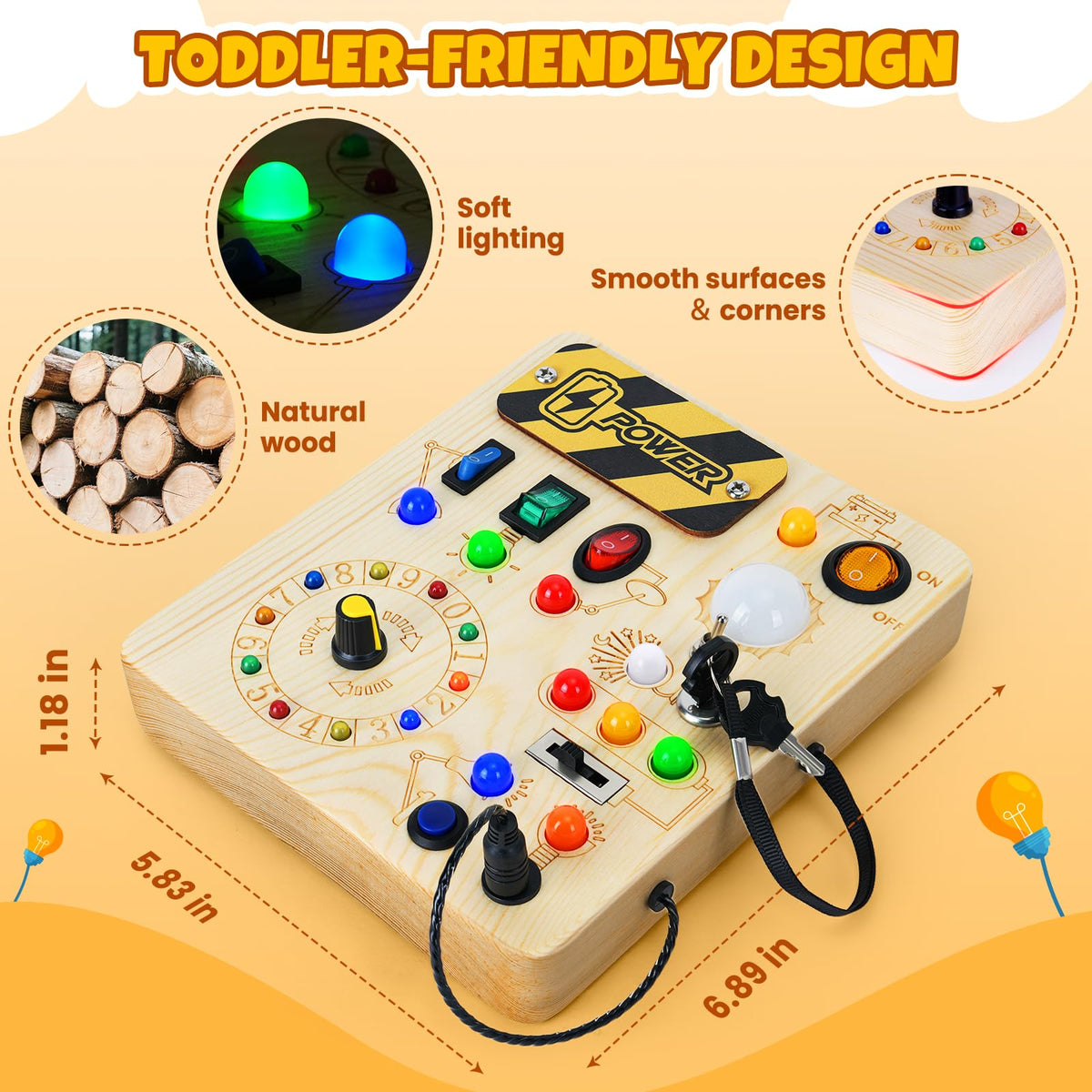 OAKJAR Busy Board, Montessori Toys for 1+ Year Old, Busy Board with 13 Led Light, Wooden Toddler Educational Travel Toy, 1 Year Old Boy&Girl Gifts