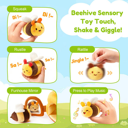 Baby Toys 6-12 Months - Soft Beehive Infant Toy with 5 Sensory Bees, Rattle, Crinkle, Squeaker, Mirror & Music, Montessori Toys for Babies 3 6 9 12 18 Months, Baby Boys Girls Christmas Birthday Gifts
