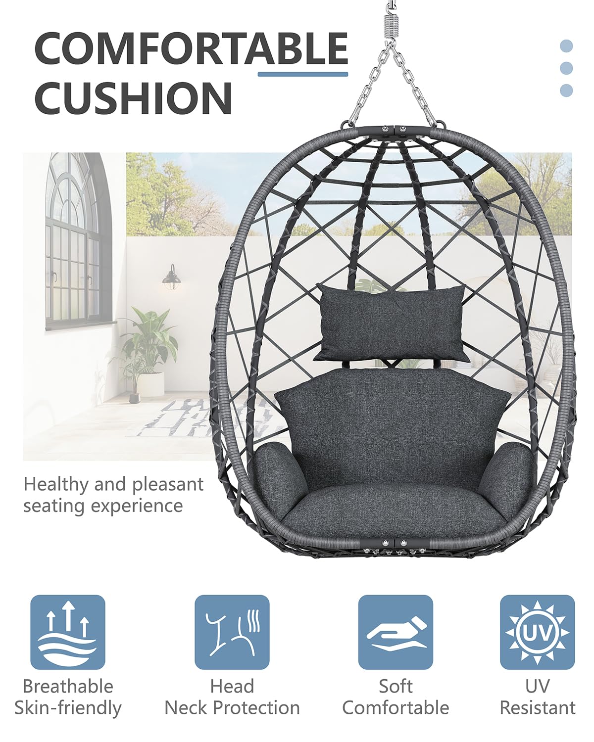 SWITTE Hanging Egg Chair with Stand, Outdoor Indoor Rattan Wicker Egg Swing Chair with Cushion, Heavy Duty Patio Hammock Chairs for Garden Backyard Balcony Bedroom, 400LBS Capacity, Dark Grey
