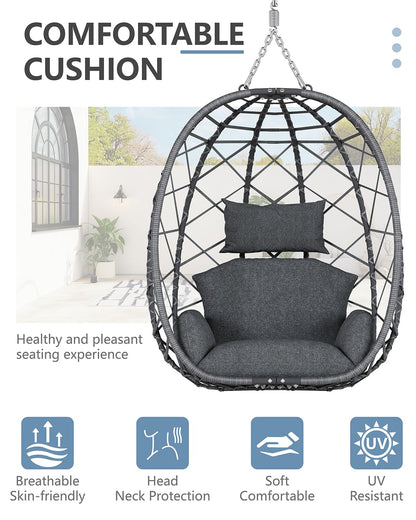 SWITTE Hanging Egg Chair with Stand, Outdoor Indoor Rattan Wicker Egg Swing Chair with Cushion, Heavy Duty Patio Hammock Chairs for Garden Backyard Balcony Bedroom, 400LBS Capacity, Dark Grey
