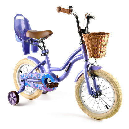 RULLY 16 Inch Kids Bike for Girls, Children’s Bicycle with Training Wheels, Basket & Doll Seat, Adjustable Seat Height, Toddler Bike for Ages 4–7 – Purple
