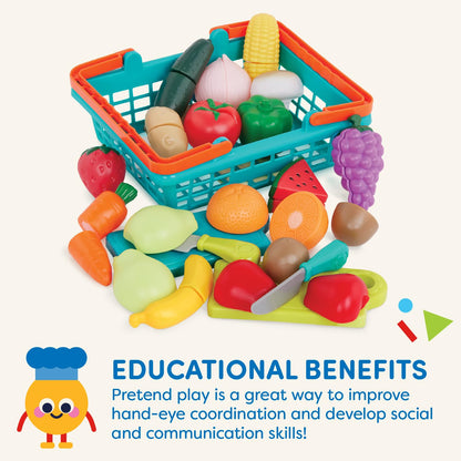 Battat – Play Food for Toddlers with Farmers Market Basket and Chopping Board, Toy Food for Kids Kitchen and Pretend Play for 3+ Years (37 Pieces)