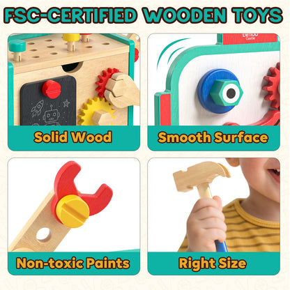 Lehoo Castle Kids Tool Set, Wooden Mini Toddler Tool Bench with Blackboard, Robot Construction Toys with Hammer Wrench Screwdriver, STEM Learning Toys for Age 3-5, Birthday Gift for Boys & Girls