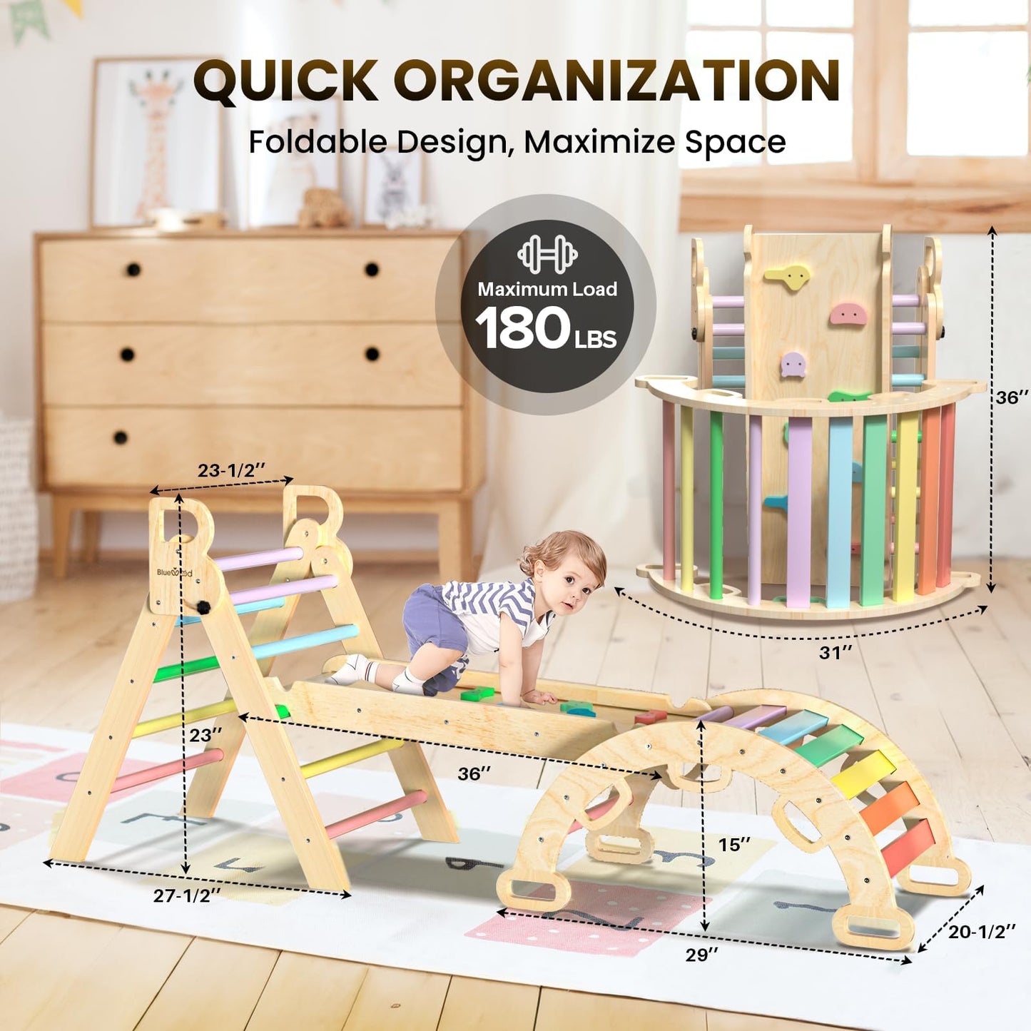 BlueWood Pikler Triangle Set 7in1 Foldable Baby Climbing Toys Wooden Montessori Climbing Set with Arch&Ramp&Ladder Baby Climber Indoor Jungle Gyms for Toddlers Montessori Toys- Rainbow