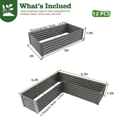 A ANLEOLIFE Set of 12 18 Inch Tall Raised Garden Beds Kit, Rectangular & L-Shaped Combo Metal Planters – Ideal for Backyard DIY Creative Layouts, Quartz Grey