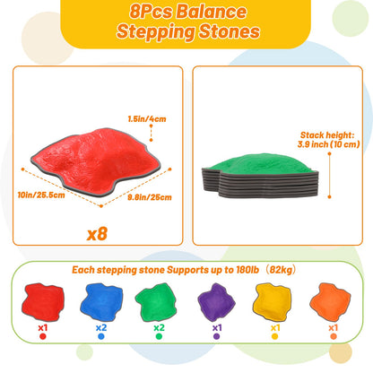 Non-Slip Stepping Stones for Kids 8pcs Plastic Balance Beam Obstacle Course for Promoting Children's Coordination Skills Sensory Play Equipment Indoor & Outdoor Play Toddler Ages 3 Years+