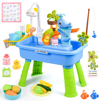 Upgraded Toddler Sand Water Table Toy with Electric Water Pump, Kids Sand Water with Faucet/Play Food Accessories/Fishing Toy, Kitchen Play Sink Toys for Girl Boy Age 3+ (Blue-Cloud)