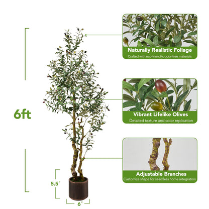 6FT Realistic Artificial Olive Tree with Fruits & Leaves-Premium Faux Tree for Modern Home, Living Room, Office Decor, Luxury Indoor Plants for Leather Sofa & Wood Furniture