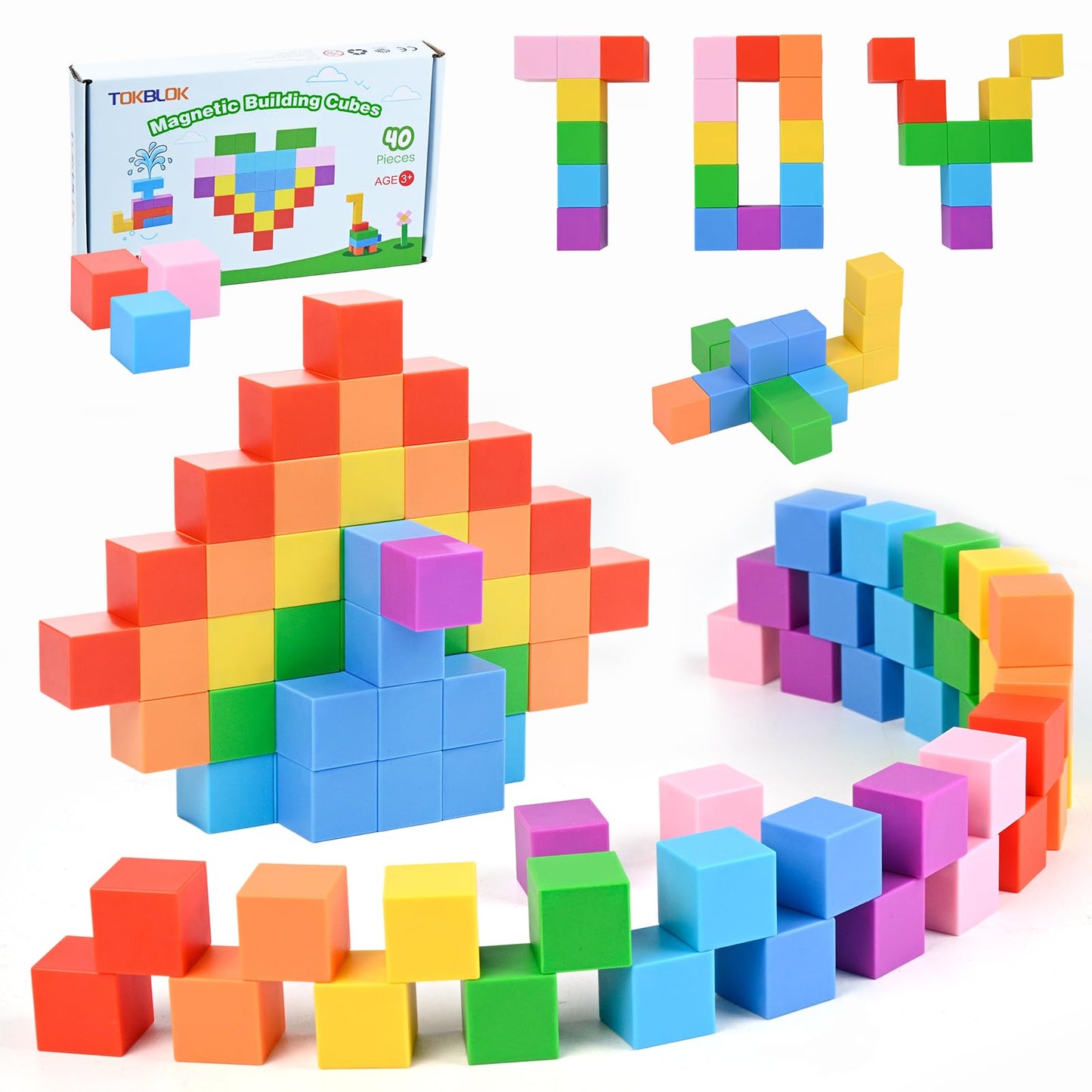 TOKBLOK Magnetic Blocks, 40PCS Rainbow Magnetic Building Blocks for Kids Ages 3 4 5 6 Year Old, Autism Montessori Sensory Magnet Cubes, STEM Learning Educational Magnet Toys Gifts for Girls & Boys