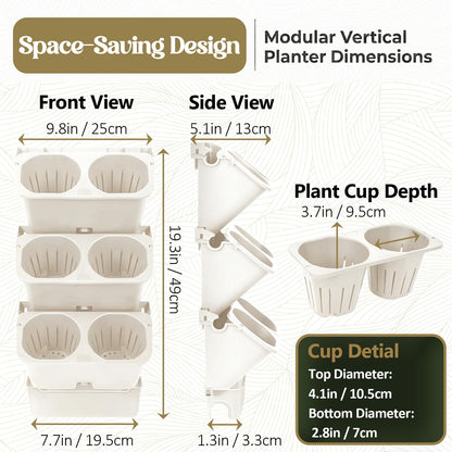 3-Tiers Vertical Wall-Mounted Planter with 6 Pots Vertical Garden Living Wall Planter Indoor Self-Watering Soil-Water Separation Stackable Plastic Planter for Herb Vegetable Flower Succulent (White)