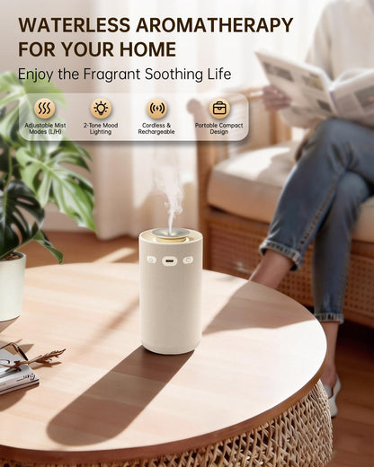 Waterless Essential Oil Diffuser,Portable Car Aromatherapy Diffuser,Rechargeable Cordless Scent Device with Fabric Design,Adjustable Mist & Ambient Light for Home, Office, Travel (Beige)