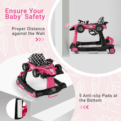BABY JOY 4-in-1 Baby Walker, Foldable Activity Walker with Adjustable Height & Speed, Music, Lights, Anti-Rollover, Toddler Push Walker, Baby Walker with Wheels for Boys Girls 6-18 Months (Pink)