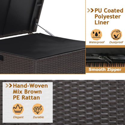 Tangkula 72 Gallon Square Deck Box, Patio Mix Brown Rattan Storage Container w/Zippered Liner & Solid Pneumatic Rod, Sturdy L-Shaped Aluminum Feet, Outdoor Wicker Deck Box for Front Porch, Backyard