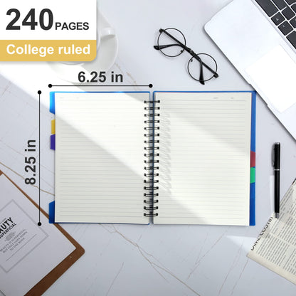 CAGIE Spiral Notebook 5x7 Small Notebooks College Ruled 5 Subject Notebook with Dividers A5 for Work Office School Supplies Journal, 240 Pages/ 120 Sheets, Blue