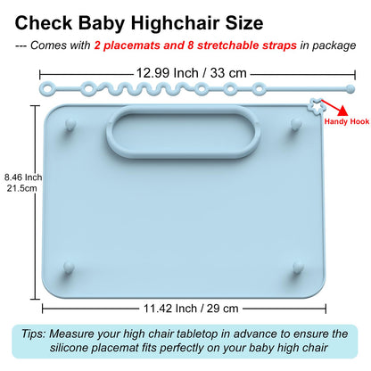 2 Pack Baby Silicone Mat, with Suction Base and 8 Stretchable Straps, Seposeve Baby Placemats, Activity Mat for Infants to Toddlers, Keeps Babies Essentials Off The Floor, Green Blue