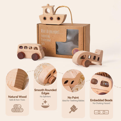 Wooden Toy Car Set for Babies & Toddlers, Montessori Wooden Vehicles with Bus, Airplane & Boat Plus Baby Push Cars, Educational Grasping Toys, Birthday