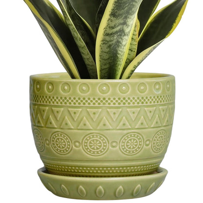 G EPGardening Indoor Plant Pot 5.5 Inch - Ceramic Planter with Drainage Hole and Saucer, Round Boho Plant Pot for Indoor Plants, Plant Lover Gifts, Home Garden Office Decor, Green