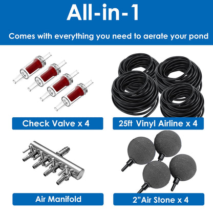 AquaMiracle All-in-One Koi Pond Aerator for Outdoor Ponds up to 3000 Gallons, Pond Air Pump Pond Aeration System with 4-Outlet Manifold Airline Tubing Air Stones Check Valves