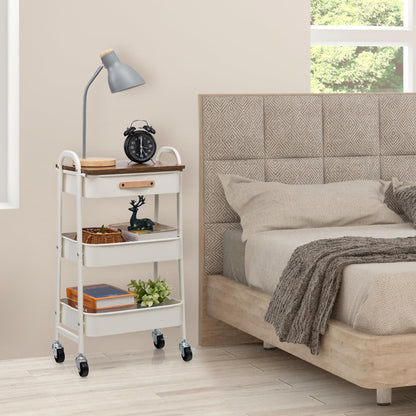 AGTEK 3 Tier Rolling Utility Cart Organizer with Drawer, Metal Craft Cart with Wheels for Bathroom, Kitchen, Office, Nursery Diaper, White
