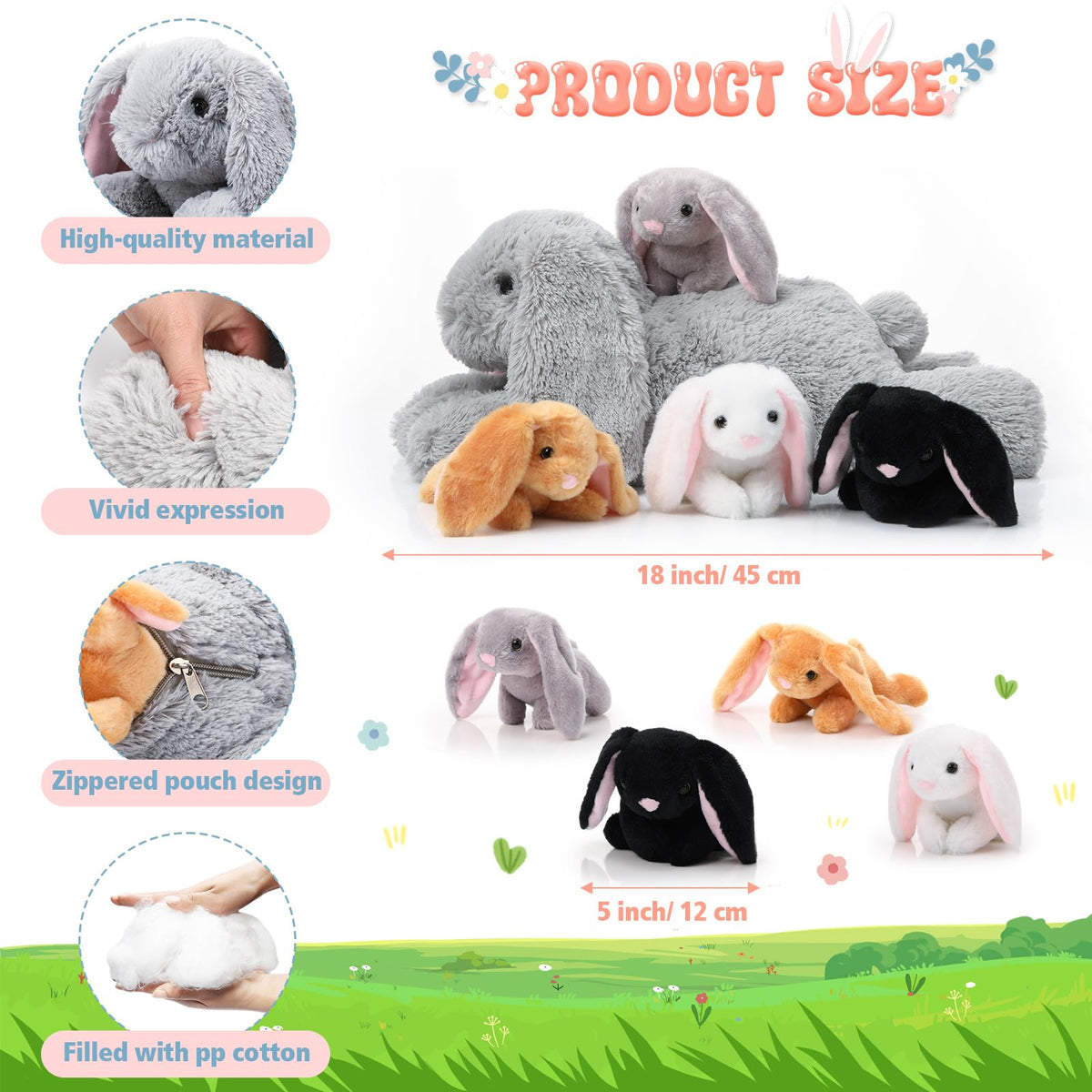 Sratte 5 Pcs Bunny Stuffed Animal Set Large Mommy Bunny Plush with 4 Cute Stuffed Baby Rabbit in Her Belly Soft Cuddly Rabbit Plush Gift for Birthday Baby Shower Party Favor(Gray,Lying Style)