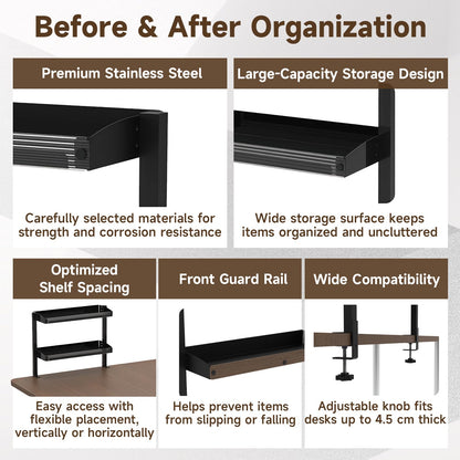 Risirica Clamp on Desk Shelf,17'' 2 Tier Office Desk Shelves Organizer with Under-Desk Hidden Storage Basket,Wood Desktop Supplies Storage Rack for Home Workspace, Study Rooms,Gaming Devices (Black)