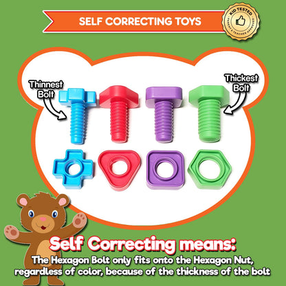 Jumbo Nuts and Bolts For Toddlers - Fine Motor Skills Rainbow Matching Game Montessori Toys For Toddlers & Toddler Games | 12 pc Occupational Therapy Educational Toys with Toy Storage + eBook