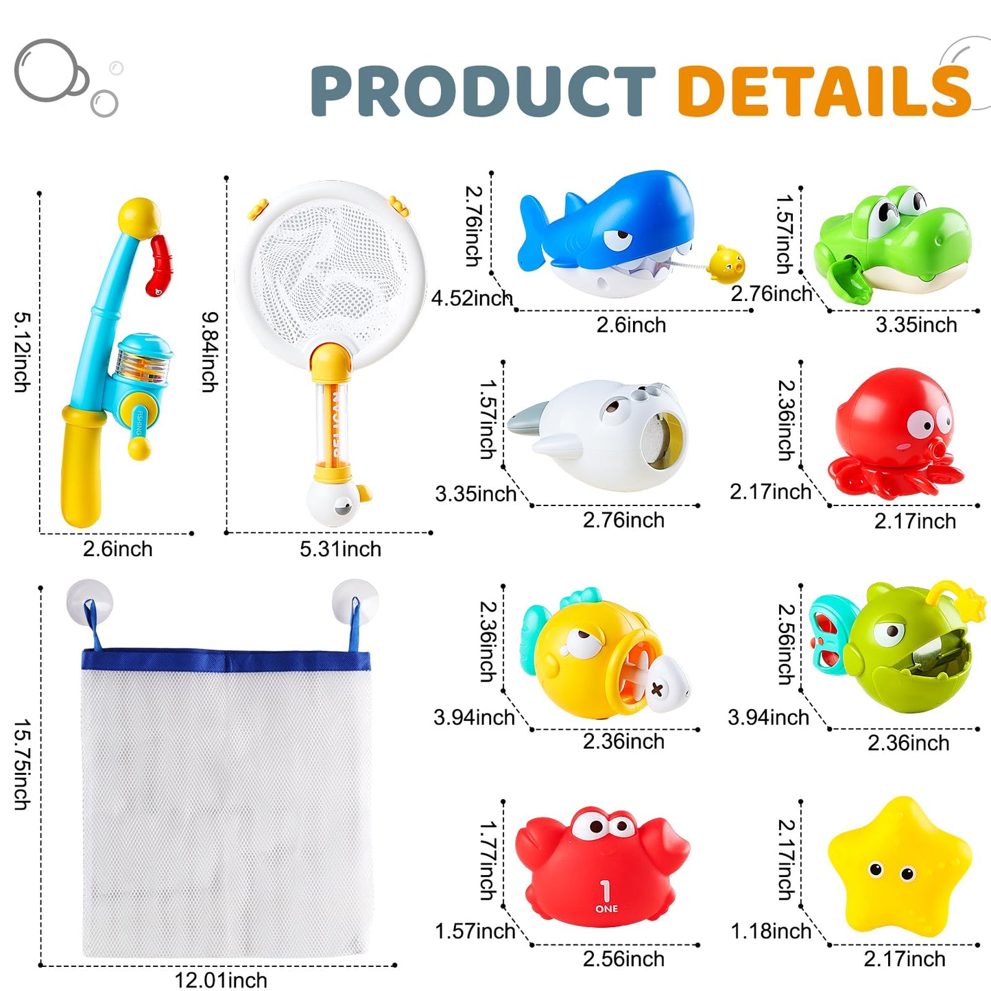 Aprilwolf Bath Toys for Kids, Magnetic Fishing Toys with Storage Bag and Light up Star, Wind Up Creatures Baby Bathtub Birthday Gifts for Toddlers 2-4 Boys Girls, 11 Pcs Set