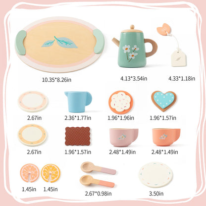 KDSFT Tea Party Set for Little Girls, Wooden Kids Tea Set with Teapot Cups Coasters Carrying Dessert, Picnic Outdoor Toys Pretend Play Kitchen Accessories for 3 4 5 Years Old
