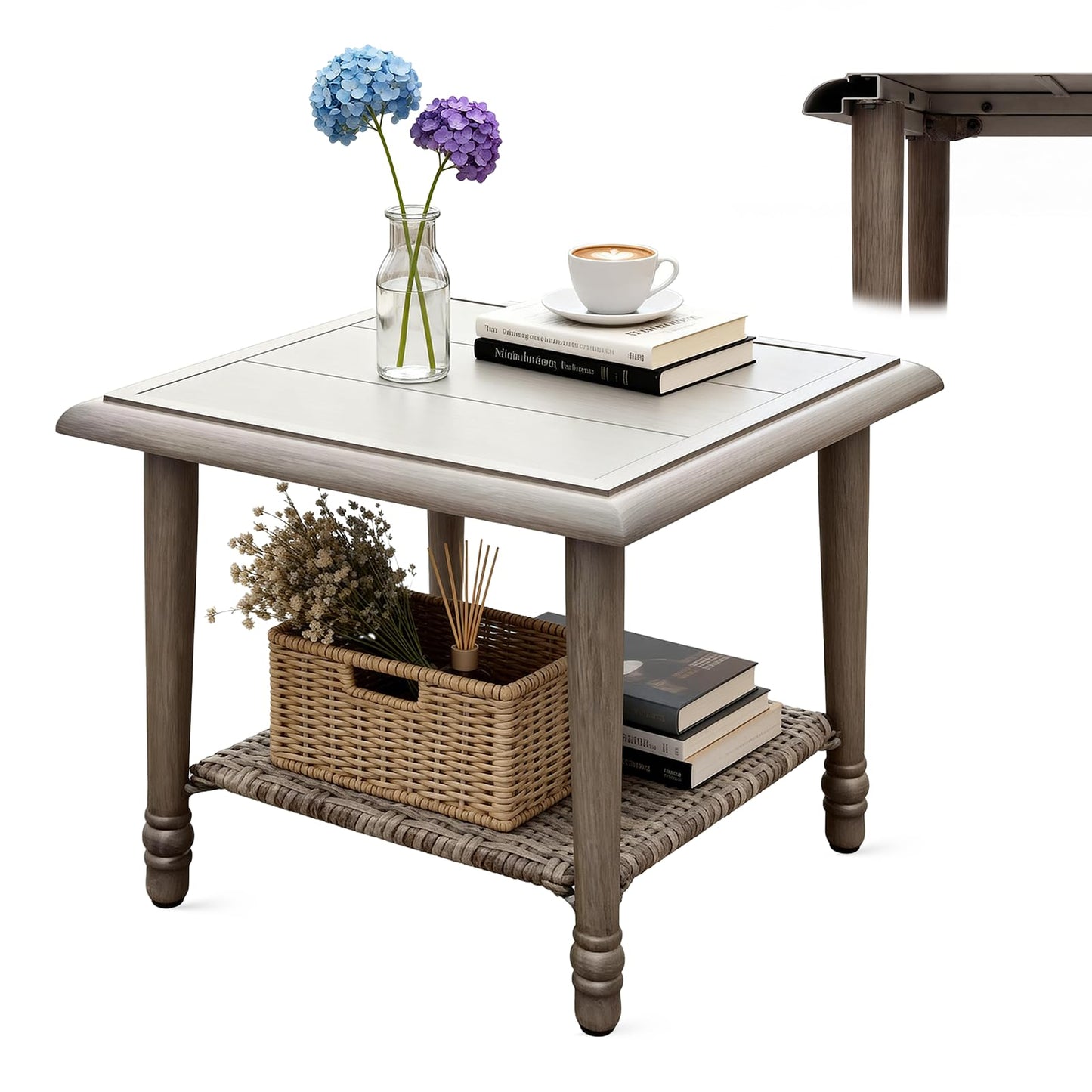 MOLIBYME Wicker Outdoor Side Table with Storage, Small Square Patio Side Table for Porch Balcony Deck Garden Poolside(1PC)