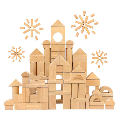 MEEYOO 100pcs Natural Beech Wooden Building Blocks for Toddlers 1-3, Wooden Blocks for Baby Shower with Storage Bucket, Montessori Toys for Preschool Girls and Boys