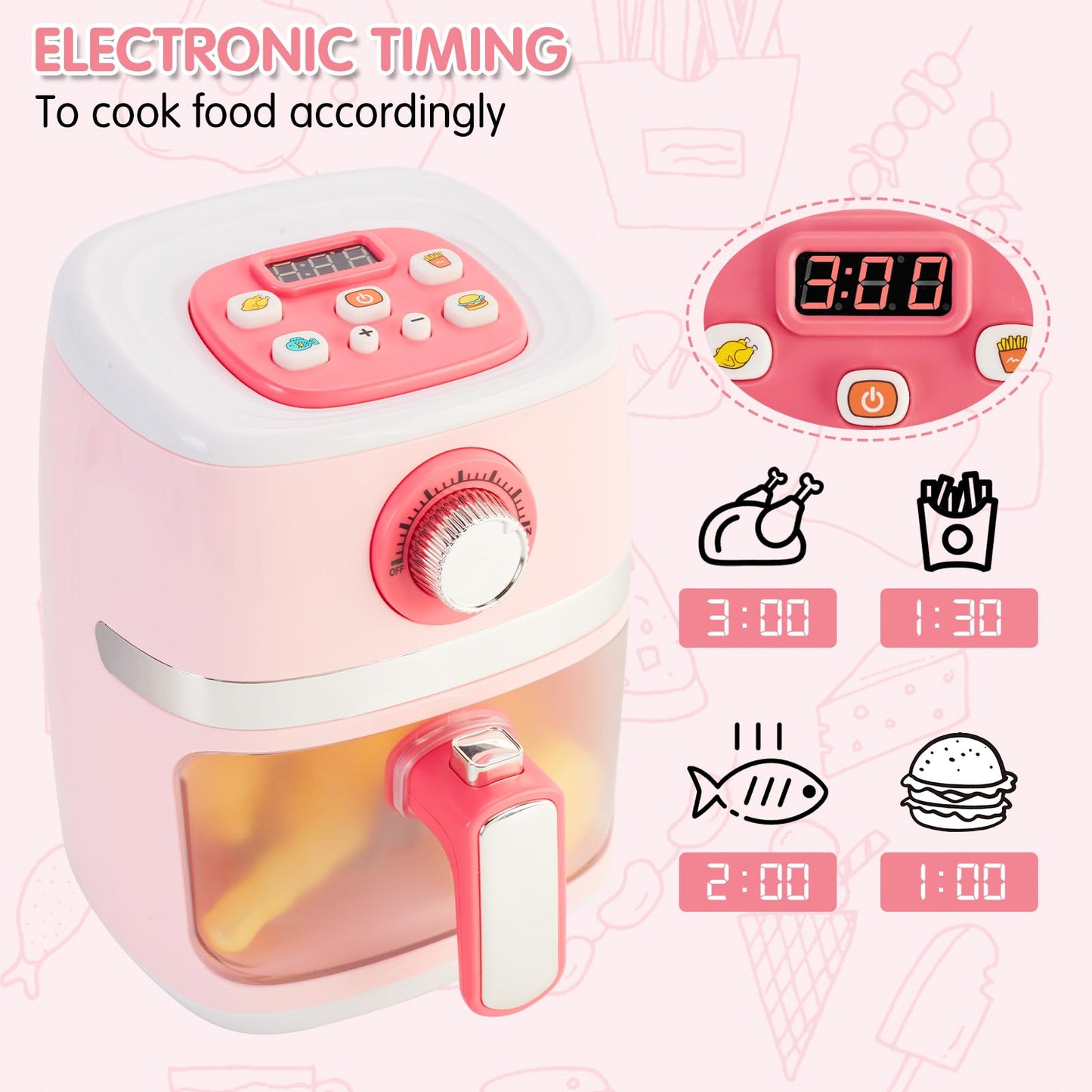 Play Kitchen Accessories, Pretend Kitchen Appliances Set with Toy Air Fryer for Kids with Sound and Lighting, Color-Changing Play Food, Birthday Gift for Boys and Girls Ages 3-5 4-8,Pink