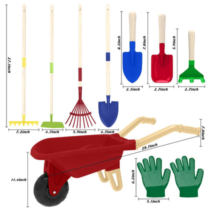 Qtioucp Kids Gardening Tools Outdoor Toys Set Backyard Play with Wheelbarrow Educational STEM Learning Pretend Toys Outdoor Indoor for Toddlers Kids Boys Girls (Red Wheelbarrow Set)