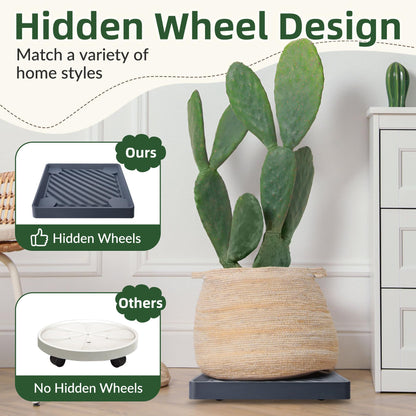 REDHUGO 2PCS Square Plant Caddy with Hidden Wheels, Heavy Duty Rolling Plant Stand Caddy with Wheels, Pot Base for Indoor Outdoor, Gray, 9.96 inches