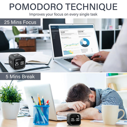 Rotating Pomodoro Timer 5, 25, 10 50 Minutes Preset, Desk Productivity Timer w/Gra vity Sensor, ADHD Tool Cube Countdown, Custom Modes, for Work, Study, Back to School, Kitchen, Black, 2 Pack