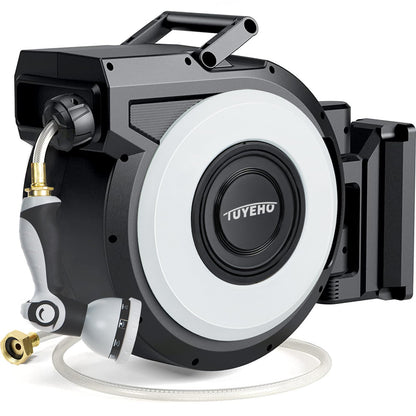 Tuyeho Retractable Garden Hose Reel 130 FT, Wall Mount Heavy Duty Water Hose Reels with Automatic Slow Rewind System, Outdoor Hoses Reel with 2 Hose Nozzles for Garden Watering, Car Wash, Pet Shower