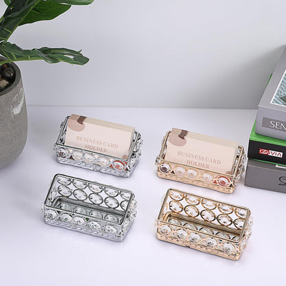 Hipiwe 2 Packs Crystal Business Card Holder Gold Metal Business Card Display Holder for Desk Bling Office Desktop Business Card Storage Organizer with Mirror Base