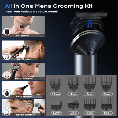 Hair Clippers for Men, Professional Cordless Hair Cutting and Trimmers Set with 7500RPM Powerful Motor & LCD Display, Mutil Function Mens Electric Hair Grooming Shaver Kit for Nose, Face, Body, Beard