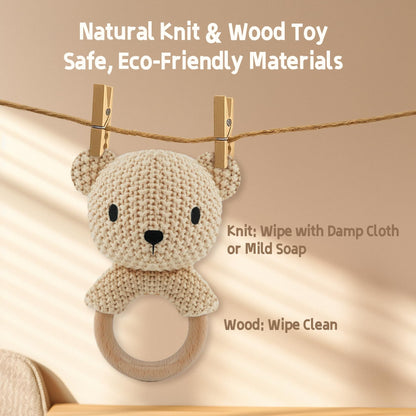 JUSTQUNSEEN Teddy Bear Baby Rattle Toy Hand Crochet Knitted Plush Stuffed Animal Teether Natural Wood Ring Cute Bear 6 Month Baby Gift Gentle Sound Shaker Newborn Infant Crib Soothing Sleep Aid Gift